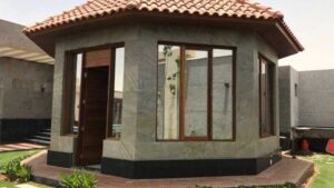 Aplikasi stone veneer bali yang menakjubkan pada dinding fasad bangunan villa mewah.